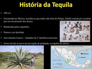 • 200 a.C.
• Encontrada no México, acredita-se que tenha sido feita do Pulque, bebida tomada por acreditar
que era um presente dos deuses.
• Rebatizada pelos espanhóis.
• Passou a ser destilada.
• José Antonio Cuervo – fundador da 1ª destilaria mexicana.
• Nome devido ao povo da sua região de produção, os tiquilos de Jalisco.
 