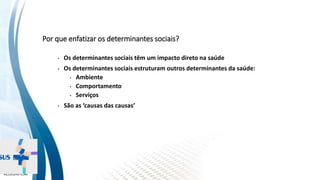 INSTITUTO
RESSIGNIFICAR
INSTITUTO
RESSIGNIFICAR
Por que enfatizar os determinantes sociais?
• Os determinantes sociais têm um impacto direto na saúde
• Os determinantes sociais estruturam outros determinantes da saúde:
• Ambiente
• Comportamento
• Serviços
• São as ‘causas das causas’
 