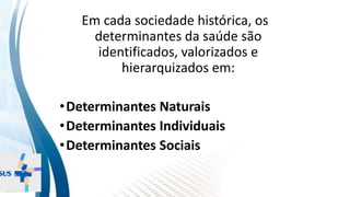 INSTITUTO
RESSIGNIFICAR
INSTITUTO
RESSIGNIFICAR
Em cada sociedade histórica, os
determinantes da saúde são
identificados, valorizados e
hierarquizados em:
•Determinantes Naturais
•Determinantes Individuais
•Determinantes Sociais
 