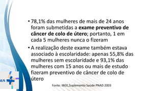 INSTITUTO
RESSIGNIFICAR
INSTITUTO
RESSIGNIFICAR
Iniqüidades em prevenção II
• 78,1% das mulheres de mais de 24 anos
foram submetidas a exame preventivo de
câncer de colo de útero; portanto, 1 em
cada 5 mulheres nunca o fizeram
• A realização deste exame também estava
associado à escolaridade: apenas 55,8% das
mulheres sem escolaridade e 93,1% das
mulheres com 15 anos ou mais de estudo
fizeram preventivo de câncer de colo de
útero
Fonte: IBGE,Suplemento Saúde PNAD 2003
 