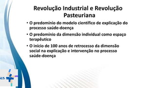 INSTITUTO
RESSIGNIFICAR
INSTITUTO
RESSIGNIFICAR
Revolução Industrial e Revolução
Pasteuriana
• O predomínio do modelo científico de explicação do
processo saúde-doença
• O predomínio da dimensão individual como espaço
terapêutico
• O início de 100 anos de retrocesso da dimensão
social na explicação e intervenção no processo
saúde-doença
 