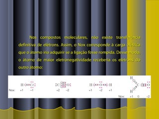 Nos compostos moleculares, não existe transferênciaNos compostos moleculares, não existe transferência
definitiva de elétrons. Assim, o Nox corresponde à carga elétricadefinitiva de elétrons. Assim, o Nox corresponde à carga elétrica
que o átomo iria adquirir se a ligação fosse rompida. Desse modo,que o átomo iria adquirir se a ligação fosse rompida. Desse modo,
o átomo de maior eletronegatividade receberia os elétrons doo átomo de maior eletronegatividade receberia os elétrons do
outro átomo:outro átomo:
 
