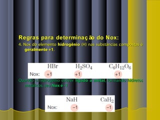 Regras para determinaç ão do Nox:Regras para determinaç ão do Nox:
4. Nox do elemento4. Nox do elemento hidrogêniohidrogênio (H) nas substâncias compostas é(H) nas substâncias compostas é
geralmente +1geralmente +1..
Quando o hidrogênio estiverQuando o hidrogênio estiver ligado a metalligado a metal, formando hidretos, formando hidretos
metálicos, seumetálicos, seu Nox é -1Nox é -1
 