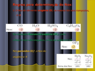 Regras para determinaç ão do Nox:Regras para determinaç ão do Nox:
5. O Nox do elemento5. O Nox do elemento oxigênio (O)oxigênio (O), na maioria dos seus compostos,, na maioria dos seus compostos,
éé -2-2
No compostoNo composto fluoreto de oxigênio (OFfluoreto de oxigênio (OF22)), como, como
o flúor é mais eletronegativo, o Nox do oxigênio éo flúor é mais eletronegativo, o Nox do oxigênio é +2+2
NosNos peróxidos (Operóxidos (O22))2–2–
, o Nox do, o Nox do
oxigênio éoxigênio é -1-1
 