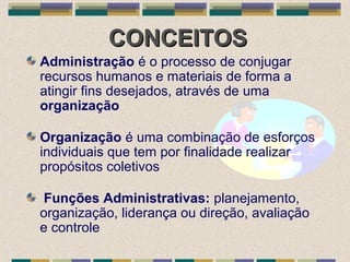 CONCEITOSCONCEITOS
Administração é o processo de conjugar
recursos humanos e materiais de forma a
atingir fins desejados, através de uma
organização
Organização é uma combinação de esforços
individuais que tem por finalidade realizar
propósitos coletivos
Funções Administrativas: planejamento,
organização, liderança ou direção, avaliação
e controle
 