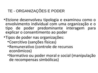 TE - ORGANIZAÇÕES E PODER
•Etzione desenvolveu tipologia e examinou como o
envolvimento individual com uma organização e o
tipo de poder predominante interagem para
explicar o consentimento ao poder
•Tipos de poder nas organizações:
•Coercitivo (sanções físicas)
•Remunerativo (controle de recursos
econômicos)
•Normativo ou poder moral e social (manipulação
de recompensas simbólicas)
 