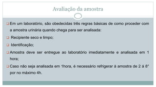 Avaliação da amostra
 Em um laboratório, são obedecidas três regras básicas de como proceder com
a amostra urinária quando chega para ser analisada:
 Recipiente seco e limpo;
 Identificação;
 Amostra deve ser entregue ao laboratório imediatamente e analisada em 1
hora;
 Caso não seja analisada em 1hora, é necessário refrigerar à amostra de 2 á 8°
por no máximo 4h.
 