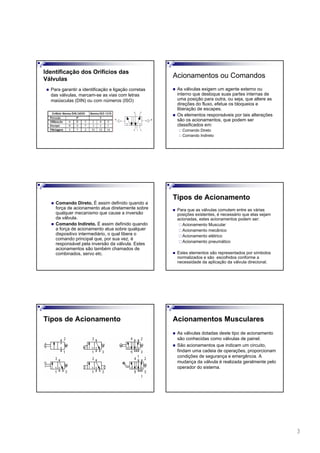 3
Para garantir a identificação e ligação corretas
das válvulas, marcam-se as vias com letras
maiúsculas (DIN) ou com números (ISO)
Identificação dos Orifícios das
Válvulas
Acionamentos ou Comandos
As válvulas exigem um agente externo ou
interno que desloque suas partes internas de
uma posição para outra, ou seja, que altere as
direções do fluxo, efetue os bloqueios e
liberação de escapes.
Os elementos responsáveis por tais alterações
são os acionamentos, que podem ser
classificados em:
Comando Direto
Comando Indireto
Comando Direto. É assim definido quando a
força de acionamento atua diretamente sobre
qualquer mecanismo que cause a inversão
da válvula.
Comando Indireto. É assim definido quando
a força de acionamento atua sobre qualquer
dispositivo intermediário, o qual libera o
comando principal que, por sua vez, é
responsável pela inversão da válvula. Estes
acionamentos são também chamados de
combinados, servo etc.
Para que as válvulas comutem entre as várias
posições existentes, é necessário que elas sejam
acionadas, estes acionamentos podem ser:
Acionamento Muscular
Acionamento mecânico
Acionamento elétrico
Acionamento pneumático
Estes elementos são representados por símbolos
normalizados e são escolhidos conforme a
necessidade da aplicação da válvula direcional.
Tipos de Acionamento
Tipos de Acionamento Acionamentos Musculares
As válvulas dotadas deste tipo de acionamento
são conhecidas como válvulas de painel.
São acionamentos que indicam um circuito,
findam uma cadeia de operações, proporcionam
condições de segurança e emergência. A
mudança da válvula é realizada geralmente pelo
operador do sistema.
 