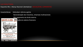 Luís Carlos Prestes
Esquerda ANL ( Aliança Nacional Libertadora)– SOCIALISTAS, COMUNISTAS
Características: Defendiam reforma agrária
Nacionalização das industrias, empresas multinacionais
Não pagamento da divida externa
Estatização do sistema financeiro
 