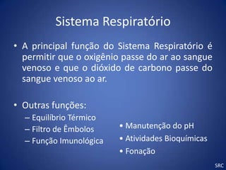 Sistema Respiratório
• A principal função do Sistema Respiratório é
  permitir que o oxigênio passe do ar ao sangue
  venoso e que o dióxido de carbono passe do
  sangue venoso ao ar.

• Outras funções:
  – Equilíbrio Térmico
  – Filtro de Êmbolos    • Manutenção do pH
  – Função Imunológica   • Atividades Bioquímicas
                         • Fonação
                                                    SRC
 