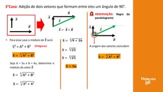 3°Caso: Adição de dois vetores que formam entre eles um ângulo de 90°.
𝑨
𝑩
𝑨
𝑩
𝑺
𝑺 = 𝑨 + 𝑩
• Para esse caso o módulo de 𝑺 será:
S² = A² + B² (Pitágoras)
𝐒 =
𝟐
𝐀 𝟐 + 𝐁²
Seja A = 3u e B = 4u, determine o
módulo do vetor 𝑺
𝐒 =
𝟐
𝐀 𝟐 + 𝐁²
𝐒 =
𝟐
𝟑 𝟐 + 𝟒²
𝐒 =
𝟐
𝟗 + 𝟏𝟔
𝐒 =
𝟐
𝟐𝟓
𝐒 =
𝟐
𝟐𝟓
𝐒 = 𝟓𝐮
OBSERVAÇÃO: Regra do
paralelogramo
𝑨
𝑩
A origem dos vetores coincidem
𝑺
𝐒 =
𝟐
𝐀 𝟐 + 𝐁²
 