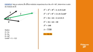 EXEMPLO: Seja os vetores 𝑨 e 𝑩 de módulos respectivos 6u e 8u e θ = 60°, determine o valor
do módulo de 𝑺.
𝑨
𝑩
θ
𝑺
Dados:
A = 6u
B = 8u
θ = 60°
Cos60° = ½ = 0,5
𝑺 𝟐
= 𝑨 𝟐
+ 𝑩 𝟐
+ 𝟐. 𝑨. 𝑩. 𝑪𝒐𝒔θ
𝑺 𝟐
= 𝟔 𝟐
+ 𝟖 𝟐
+ 𝟐. 𝟔. 𝟖. 𝑪𝒐𝒔60°
𝑺 𝟐 = 𝟑𝟔 + 𝟔𝟒 + 𝟐. 𝟔. 𝟖. 𝟎, 𝟓
𝑺 𝟐 = 𝟑𝟔 + 𝟔𝟒 + 𝟒𝟖
𝑺 𝟐
= 𝟏𝟒𝟖
𝑺 =
𝟐
𝟏𝟒𝟖
𝑺 ≅ 𝟏𝟐, 𝟐𝒖
 