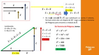 𝑨
𝑬
𝑪
𝑫
D)
𝑨
𝑬
𝑪
𝑫
Lembrando:
A =10u, D = 6u,
C =8u e E =4u
𝑿 = 𝑨 + 𝑫
𝑋 = 𝐴 + 𝐷
𝑋 = 10 + 6
𝑋 = 16𝑢
𝑋 = 16𝑢
𝒀 = 𝑪 + 𝑬
𝑌 = 𝐶 + 𝐸
𝑌 = 8 + 4
𝑌 = 12𝑢
𝑺 = 𝑨 + 𝑫 + 𝑪 + 𝑬
𝑿 𝒀
𝑺 = 𝑿 + 𝒀
• Os novos vetores 𝑿 e 𝒀, que substituem os outros 4 vetores,
formam entre eles um ângulo de 90°. Logo usaremos o teorema
de Pitágoras para encontra o módulo de 𝑺.
Do Teorema de Pitágoras, temos:
𝑺 𝟐 = 𝑿 𝟐 + 𝒀²
𝑺 𝟐 = 𝟏𝟔 𝟐 + 𝟏𝟐²
𝑺 𝟐 = 𝟐𝟓𝟔 + 𝟏𝟒𝟒
𝑺 𝟐 = 𝟒𝟎𝟎
𝑺 =
𝟐
𝟒𝟎𝟎
𝑺 = 𝟐𝟎𝒖
 
