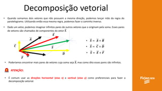 Decomposição vetorial
• Quando somamos dois vetores que não possuem a mesma direção, podemos lançar mão da regra do
paralelogramo. Utilizando então essa mesma regra, podemos fazer o caminho inverso.
𝑺
𝑨
𝑩
• Dado um vetor, podemos imaginar infinitos pares de outros vetores que o originam pela soma. Esses pares
de vetores são chamados de componentes do vetor 𝑺.
• 𝑺 = 𝑨 + 𝑩
𝑪
𝑫
• 𝑺 = 𝑪 + 𝑫
𝑬
𝑭
• 𝑺 = 𝑬 + 𝑭
• Poderíamos encontrar mais pares de vetores cuja soma seja 𝑺, mas como dito esses pares são infinitos.
ATENÇÃO:
• É comum usar as direções horizontal (eixo x) e vertical (eixo y) como preferenciais para fazer a
decomposição vetorial.
 