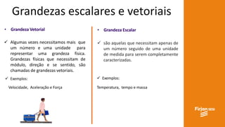 Grandezas escalares e vetoriais
• Grandeza Vetorial
 Algumas vezes necessitamos mais que
um número e uma unidade para
representar uma grandeza física.
Grandezas físicas que necessitam de
módulo, direção e se sentido, são
chamadas de grandezas vetoriais.
 Exemplos:
Velocidade, Aceleração e Força
• Grandeza Escalar
 são aquelas que necessitam apenas de
um número seguido de uma unidade
de medida para serem completamente
caracterizadas.
 Exemplos:
Temperatura, tempo e massa
 