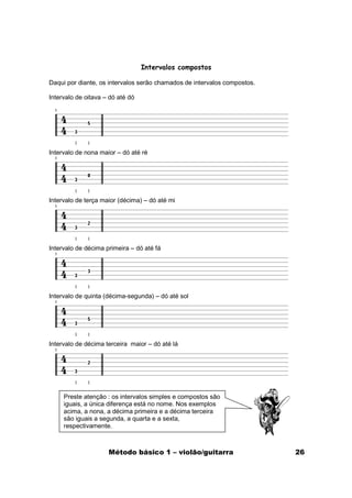 Intervalos compostos

Daqui por diante, os intervalos serão chamados de intervalos compostos.

Intervalo de oitava – dó até dó




Intervalo de nona maior – dó até ré




Intervalo de terça maior (décima) – dó até mi




Intervalo de décima primeira – dó até fá




Intervalo de quinta (décima-segunda) – dó até sol




Intervalo de décima terceira maior – dó até lá




     Preste atenção : os intervalos simples e compostos são
     iguais, a única diferença está no nome. Nos exemplos
     acima, a nona, a décima primeira e a décima terceira
     são iguais a segunda, a quarta e a sexta,
     respectivamente.



                     Método básico 1 – violão/guitarra                    26
 