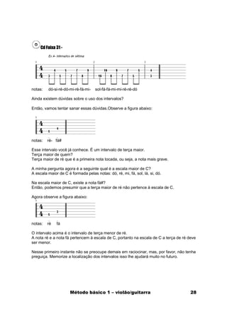 Cd Faixa 31 -




notas:   dó-si-ré-dó-mi-ré-fá-mi-   sol-fá-fá-mi-mi-ré-ré-dó

Ainda existem dúvidas sobre o uso dos intervalos?

Então, vamos tentar sanar essas dúvidas.Observe a figura abaixo:




notas:   ré- fá#

Esse intervalo você já conhece. É um intervalo de terça maior.
Terça maior de quem?
Terça maior de ré que é a primeira nota tocada, ou seja, a nota mais grave.

A minha pergunta agora é a seguinte qual é a escala maior de C?
A escala maior de C é formada pelas notas: dó, ré, mi, fá, sol, lá, si, dó.

Na escala maior de C, existe a nota fá#?
Então, podemos presumir que a terça maior de ré não pertence à escala de C.

Agora observe a figura abaixo:




notas:   ré   fá

O intervalo acima é o intervalo de terça menor de ré.
A nota ré e a nota fá pertencem à escala de C, portanto na escala de C a terça de ré deve
ser menor.

Nesse primeiro instante não se preocupe demais em raciocinar, mas, por favor, não tenha
preguiça. Memorize a localização dos intervalos isso lhe ajudará muito no futuro.




                      Método básico 1 – violão/guitarra                               28
 