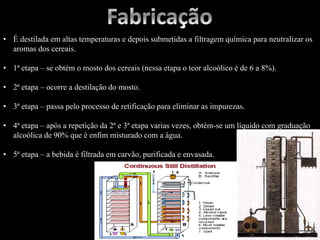 • É destilada em altas temperaturas e depois submetidas a filtragem química para neutralizar os
aromas dos cereais.
• 1ª etapa – se obtém o mosto dos cereais (nessa etapa o teor alcoólico é de 6 a 8%).
• 2ª etapa – ocorre a destilação do mosto.
• 3ª etapa – passa pelo processo de retificação para eliminar as impurezas.
• 4ª etapa – após a repetição da 2ª e 3ª etapa varias vezes, obtém-se um líquido com graduação
alcoólica de 90% que é enfim misturado com a água.
• 5ª etapa – a bebida é filtrada em carvão, purificada e envasada.
 