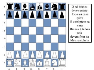 O rei branco
deve sempre
Ficar na casa
preta
E o rei preto na
casa
Branca. Os dois
reis
devem ficar na
Mesma coluna.
 