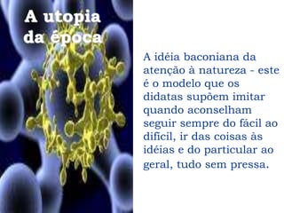 A idéia baconiana da
atenção à natureza - este
é o modelo que os
didatas supõem imitar
quando aconselham
seguir sempre do fácil ao
difícil, ir das coisas às
idéias e do particular ao
geral, tudo sem pressa.
A utopia
da época
 