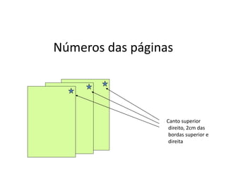 Números das páginas
Canto superior
direito, 2cm das
bordas superior e
direita
 