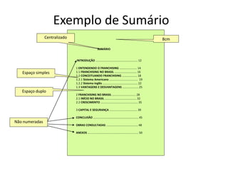Exemplo de Sumário
SUMÁRIO
INTRODUÇÃO ..................................................... 12
1 ENTENDENDO O FRANCHISING ...................... 14
1.1 FRANCHISING NO BRASIL ............................ 16
1.2 CONCEITUANDO FRANCHISING ................... 18
1.2.1 Sistema Americano .................................... 19
1.2.2 Sistema Inglês ............................................ 22
1.3 VANTAGENS E DESVANTAGENS .................... 25
2 FRANCHISING NO BRASIL .............................. 28
2.1 INÍCIO NO BRASIL ........................................ 32
2.2 CRESCIMENTO ............................................... 35
3 CAPITAL E SEGURANÇA ................................... 39
CONCLUSÃO ......................................................... 45
OBRAS CONSULTADAS ........................................ 48
ANEXOS ................................................................ 50
Centralizado
Espaço duplo
Espaço simples
Não numeradas
8cm
 