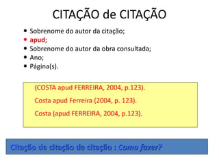 CITAÇÃO de CITAÇÃO
 Sobrenome do autor da citação;
 apud;
 Sobrenome do autor da obra consultada;
 Ano;
 Página(s).
(COSTA apud FERREIRA, 2004, p.123).
Costa apud Ferreira (2004, p. 123).
Costa (apud FERREIRA, 2004, p.123).
Citação de citação de citação : Como fazer?
 