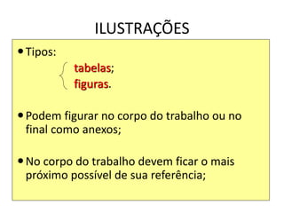 ILUSTRAÇÕES
Tipos:
tabelas;
figuras.
Podem figurar no corpo do trabalho ou no
final como anexos;
No corpo do trabalho devem ficar o mais
próximo possível de sua referência;
 