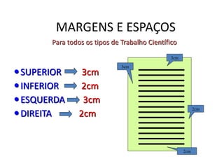 MARGENS E ESPAÇOS
SUPERIOR 3cm
INFERIOR 2cm
ESQUERDA 3cm
DIREITA 2cm
Para todos os tipos de Trabalho Científico
2cm
3cm
3cm
2cm
 