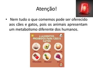 Atenção!
• Nem tudo o que comemos pode ser oferecido
aos cães e gatos, pois os animais apresentam
um metabolismo diferente dos humanos.
 