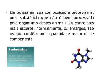 • Ele possui em sua composição a teobromina:
uma substância que não é bem processada
pelo organismo destes animais. Os chocolates
mais escuros, normalmente, os amargos, são
os que contêm uma quantidade maior deste
componente.
 