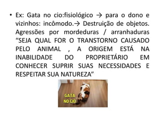 • Ex: Gata no cio:fisiológico → para o dono e
vizinhos: incômodo.→ Destruição de objetos.
Agressões por mordeduras / arranhaduras
“SEJA QUAL FOR O TRANSTORNO CAUSADO
PELO ANIMAL , A ORIGEM ESTÁ NA
INABILIDADE DO PROPRIETÁRIO EM
CONHECER SUPRIR SUAS NECESSIDADES E
RESPEITAR SUA NATUREZA”
 