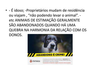 • - É idoso; -Proprietários mudam de residência
ou viajam , “não podendo levar o animal”. -
etc ANIMAIS DE ESTIMAÇÃO GERALMENTE
SÃO ABANDONADOS QUANDO HÁ UMA
QUEBRA NA HARMONIA DA RELAÇÃO COM OS
DONOS.
 