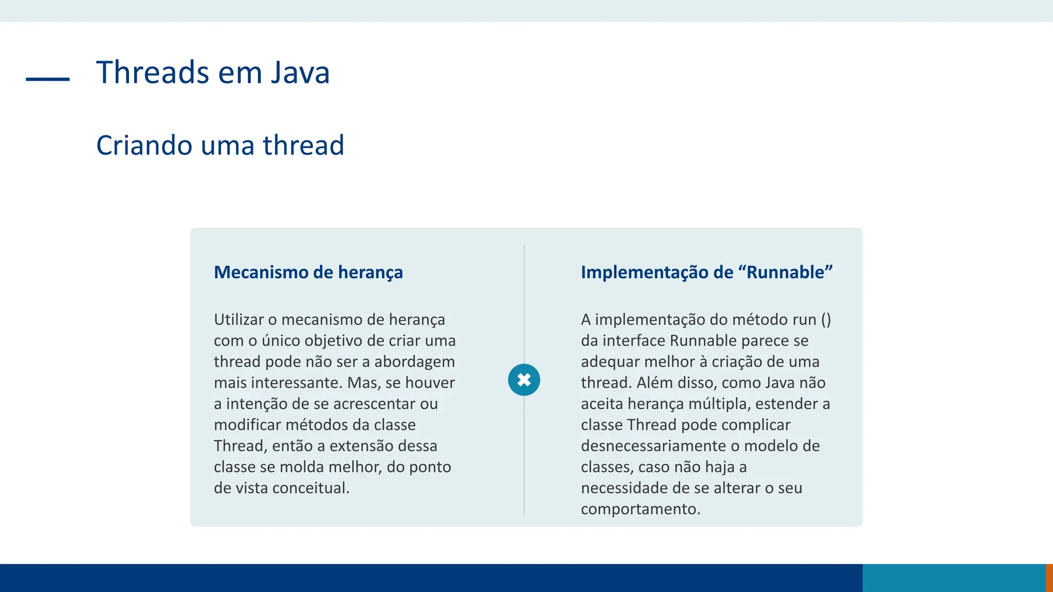 Threads em Java
Criando uma thread
Mecanismo de herança
Utilizar o mecanismo de herança
com o único objetivo de criar uma
thread pode não ser a abordagem
mais interessante. Mas, se houver
a intenção de se acrescentar ou
modificar métodos da classe
Thread, então a extensão dessa
classe se molda melhor, do ponto
de vista conceitual.
Implementação de “Runnable”
A implementação do método run ()
da interface Runnable parece se
adequar melhor à criação de uma
thread. Além disso, como Java não
aceita herança múltipla, estender a
classe Thread pode complicar
desnecessariamente o modelo de
classes, caso não haja a
necessidade de se alterar o seu
comportamento.
 