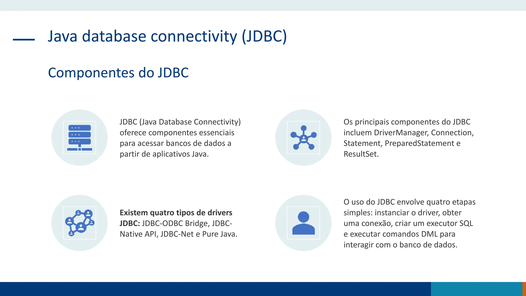 Java database connectivity (JDBC)
Componentes do JDBC
JDBC (Java Database Connectivity)
oferece componentes essenciais
para acessar bancos de dados a
partir de aplicativos Java.
Os principais componentes do JDBC
incluem DriverManager, Connection,
Statement, PreparedStatement e
ResultSet.
Existem quatro tipos de drivers
JDBC: JDBC-ODBC Bridge, JDBC-
Native API, JDBC-Net e Pure Java.
O uso do JDBC envolve quatro etapas
simples: instanciar o driver, obter
uma conexão, criar um executor SQL
e executar comandos DML para
interagir com o banco de dados.
 
