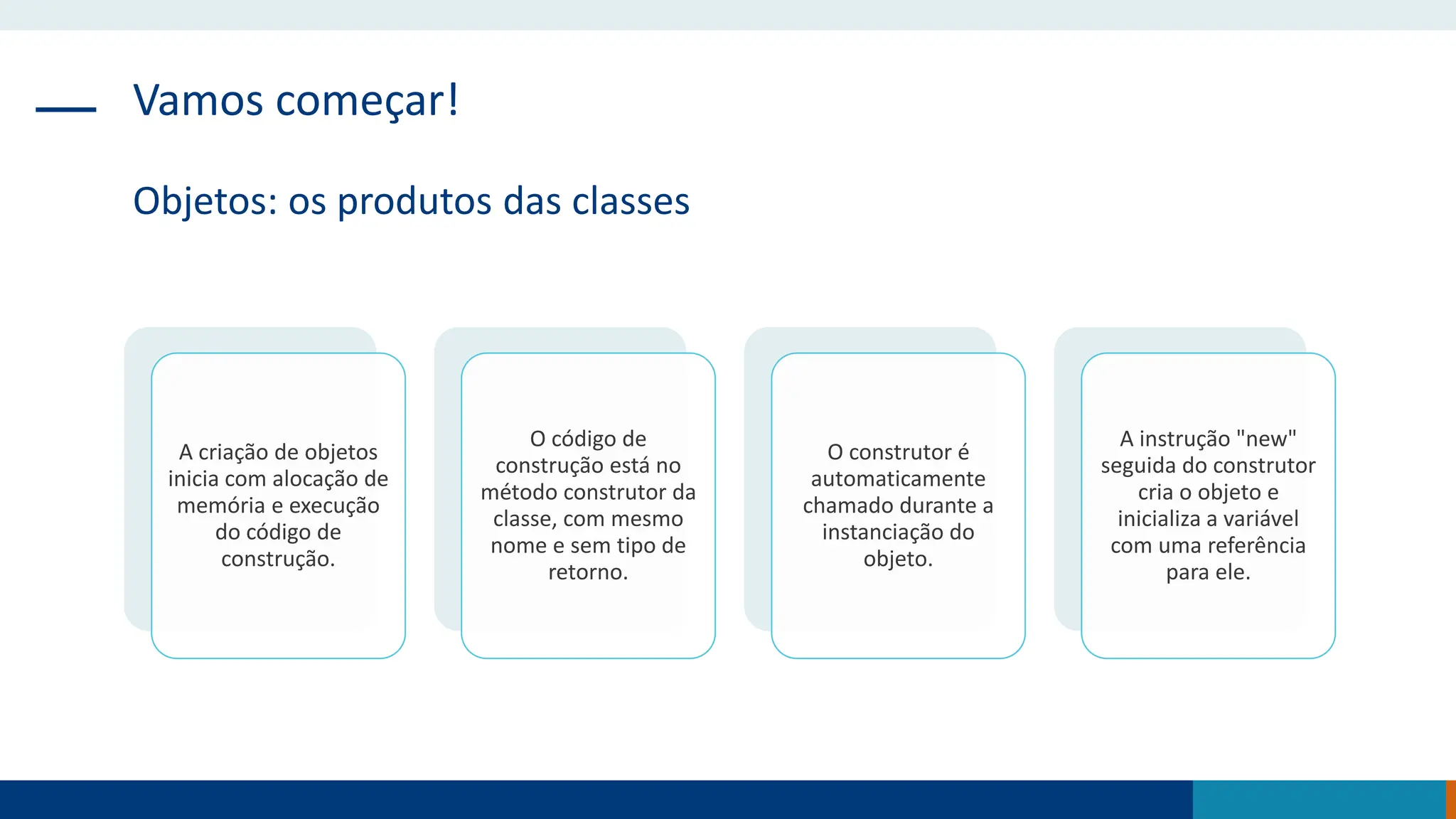 Vamos começar!
Objetos: os produtos das classes
A criação de objetos
inicia com alocação de
memória e execução
do código de
construção.
O código de
construção está no
método construtor da
classe, com mesmo
nome e sem tipo de
retorno.
O construtor é
automaticamente
chamado durante a
instanciação do
objeto.
A instrução "new"
seguida do construtor
cria o objeto e
inicializa a variável
com uma referência
para ele.
 