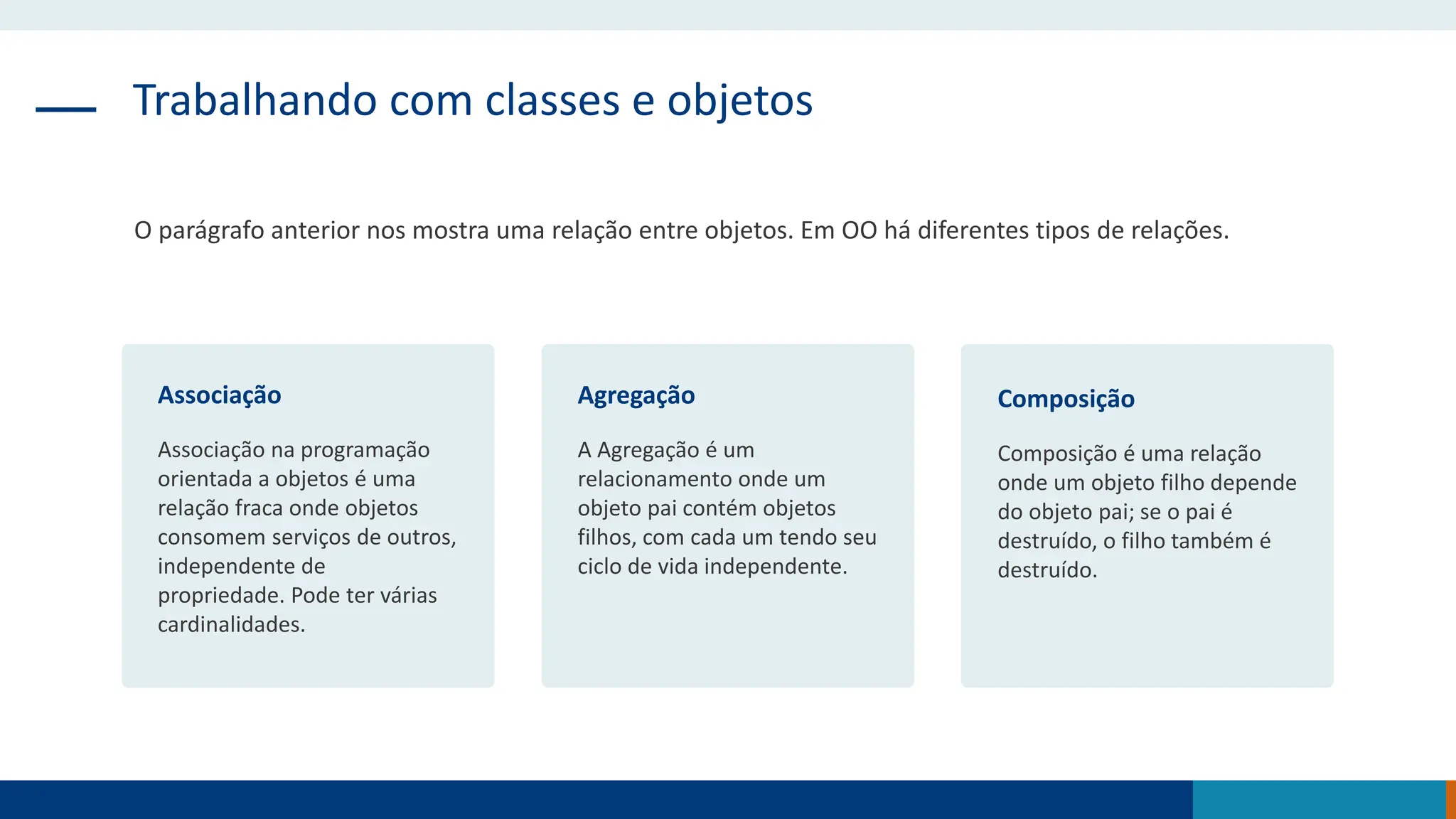 Trabalhando com classes e objetos
O parágrafo anterior nos mostra uma relação entre objetos. Em OO há diferentes tipos de relações.
Associação
Associação na programação
orientada a objetos é uma
relação fraca onde objetos
consomem serviços de outros,
independente de
propriedade. Pode ter várias
cardinalidades.
Agregação
A Agregação é um
relacionamento onde um
objeto pai contém objetos
filhos, com cada um tendo seu
ciclo de vida independente.
Composição
Composição é uma relação
onde um objeto filho depende
do objeto pai; se o pai é
destruído, o filho também é
destruído.
 