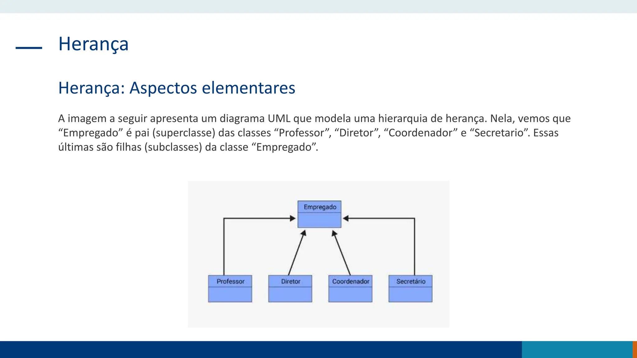 Herança
Herança: Aspectos elementares
A imagem a seguir apresenta um diagrama UML que modela uma hierarquia de herança. Nela, vemos que
“Empregado” é pai (superclasse) das classes “Professor”, “Diretor”, “Coordenador” e “Secretario”. Essas
últimas são filhas (subclasses) da classe “Empregado”.
 