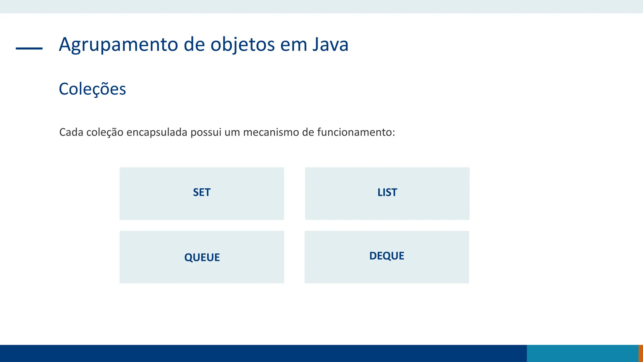Agrupamento de objetos em Java
Coleções
Cada coleção encapsulada possui um mecanismo de funcionamento:
SET LIST
QUEUE DEQUE
 