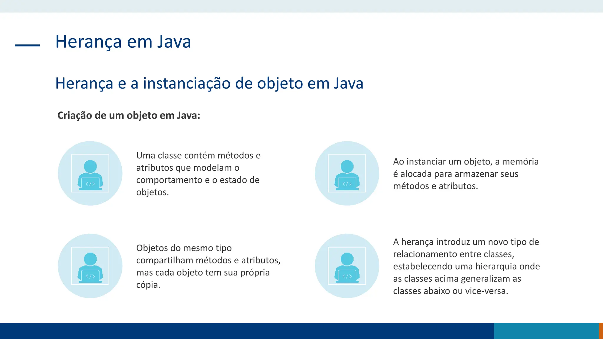 Herança em Java
Herança e a instanciação de objeto em Java
Criação de um objeto em Java:
Uma classe contém métodos e
atributos que modelam o
comportamento e o estado de
objetos.
Ao instanciar um objeto, a memória
é alocada para armazenar seus
métodos e atributos.
Objetos do mesmo tipo
compartilham métodos e atributos,
mas cada objeto tem sua própria
cópia.
A herança introduz um novo tipo de
relacionamento entre classes,
estabelecendo uma hierarquia onde
as classes acima generalizam as
classes abaixo ou vice-versa.
 