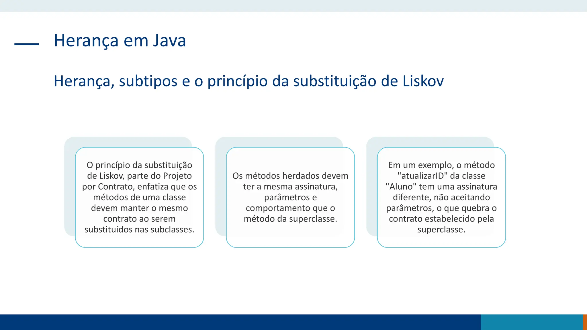 Herança em Java
Herança, subtipos e o princípio da substituição de Liskov
O princípio da substituição
de Liskov, parte do Projeto
por Contrato, enfatiza que os
métodos de uma classe
devem manter o mesmo
contrato ao serem
substituídos nas subclasses.
Os métodos herdados devem
ter a mesma assinatura,
parâmetros e
comportamento que o
método da superclasse.
Em um exemplo, o método
"atualizarID" da classe
"Aluno" tem uma assinatura
diferente, não aceitando
parâmetros, o que quebra o
contrato estabelecido pela
superclasse.
 