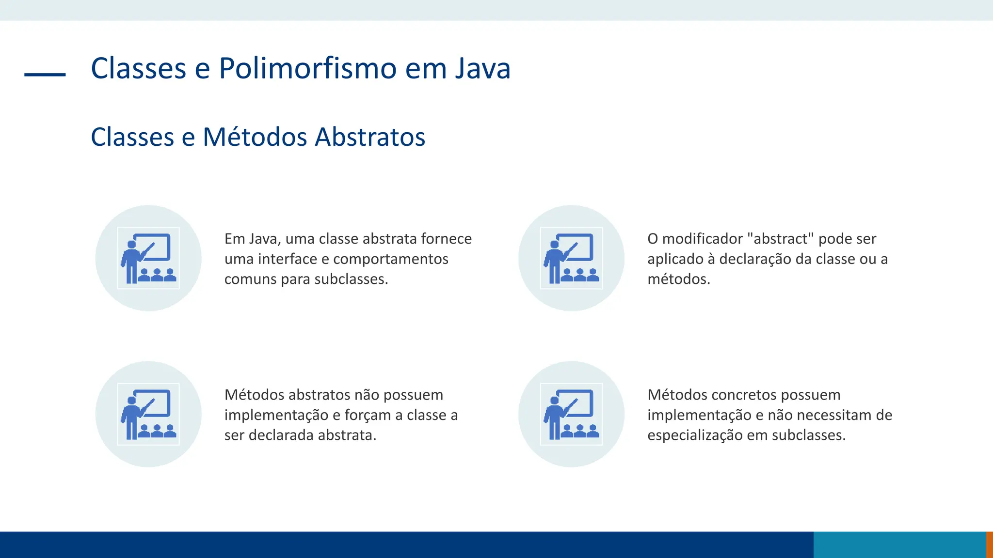 Classes e Polimorfismo em Java
Classes e Métodos Abstratos
Em Java, uma classe abstrata fornece
uma interface e comportamentos
comuns para subclasses.
O modificador "abstract" pode ser
aplicado à declaração da classe ou a
métodos.
Métodos abstratos não possuem
implementação e forçam a classe a
ser declarada abstrata.
Métodos concretos possuem
implementação e não necessitam de
especialização em subclasses.
 