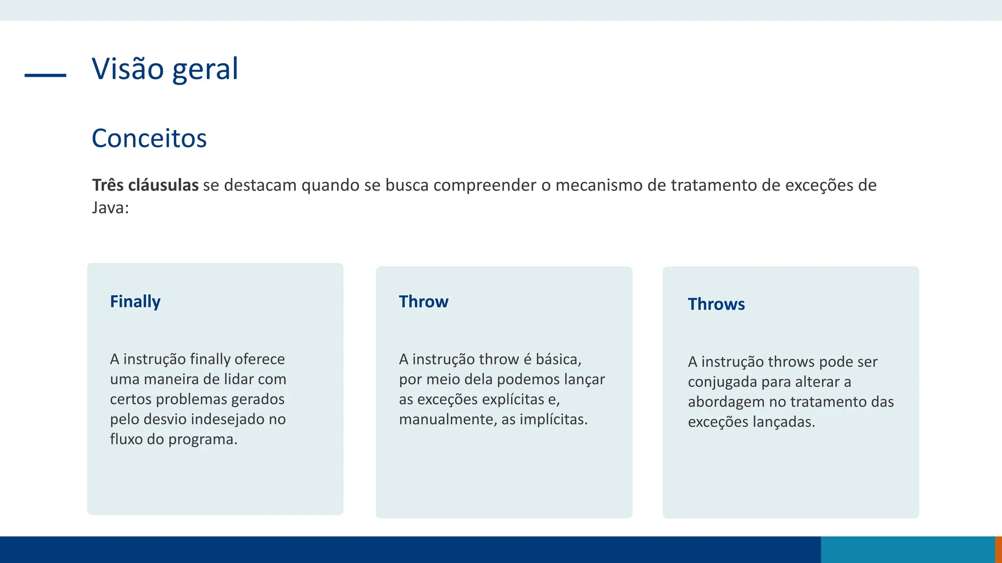 Visão geral
Conceitos
Três cláusulas se destacam quando se busca compreender o mecanismo de tratamento de exceções de
Java:
Finally
A instrução finally oferece
uma maneira de lidar com
certos problemas gerados
pelo desvio indesejado no
fluxo do programa.
Throw
A instrução throw é básica,
por meio dela podemos lançar
as exceções explícitas e,
manualmente, as implícitas.
Throws
A instrução throws pode ser
conjugada para alterar a
abordagem no tratamento das
exceções lançadas.
 