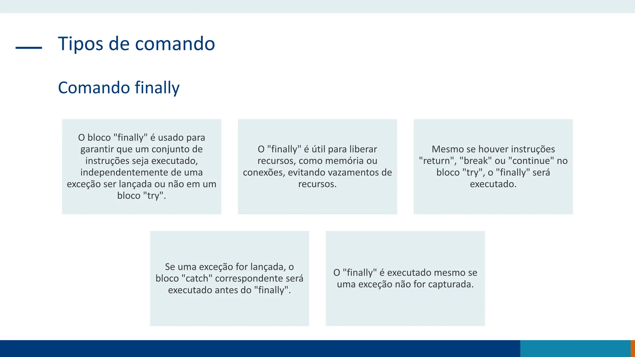 Tipos de comando
Comando finally
O bloco "finally" é usado para
garantir que um conjunto de
instruções seja executado,
independentemente de uma
exceção ser lançada ou não em um
bloco "try".
O "finally" é útil para liberar
recursos, como memória ou
conexões, evitando vazamentos de
recursos.
Mesmo se houver instruções
"return", "break" ou "continue" no
bloco "try", o "finally" será
executado.
Se uma exceção for lançada, o
bloco "catch" correspondente será
executado antes do "finally".
O "finally" é executado mesmo se
uma exceção não for capturada.
 