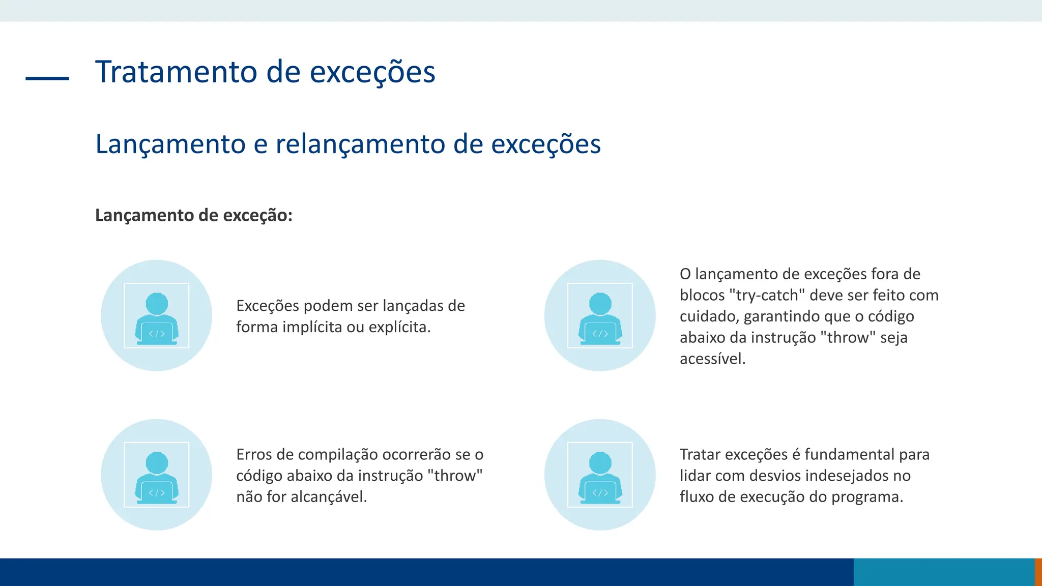 Tratamento de exceções
Lançamento e relançamento de exceções
Lançamento de exceção:
Exceções podem ser lançadas de
forma implícita ou explícita.
O lançamento de exceções fora de
blocos "try-catch" deve ser feito com
cuidado, garantindo que o código
abaixo da instrução "throw" seja
acessível.
Erros de compilação ocorrerão se o
código abaixo da instrução "throw"
não for alcançável.
Tratar exceções é fundamental para
lidar com desvios indesejados no
fluxo de execução do programa.
 