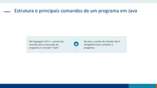 Estrutura e principais comandos de um programa em Java
Na linguagem C/C++, o ponto de
entrada para a execução do
programa é a função “main”.
Na Java, o ponto de entrada não é
obrigatório para compilar o
programa.
 