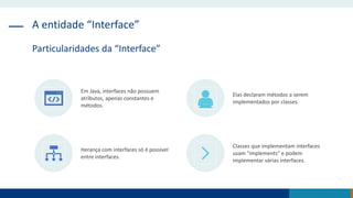 A entidade “Interface”
Particularidades da “Interface”
Em Java, interfaces não possuem
atributos, apenas constantes e
métodos.
Elas declaram métodos a serem
implementados por classes.
Herança com interfaces só é possível
entre interfaces.
Classes que implementam interfaces
usam "implements" e podem
implementar várias interfaces.
 