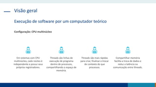 Visão geral
Execução de software por um computador teórico
Configuração: CPU multinúcleo
Em sistemas com CPU
multinúcleo, cada núcleo é
independente e possui seus
próprios registradores.
Threads são linhas de
execução de programa
dentro de processos,
compartilhando o espaço de
memória.
Threads são mais rápidas
para criar, finalizar e trocar
de contexto do que
processos.
Compartilhar memória
facilita a troca de dados e
reduz a latência na
comunicação entre threads.
 