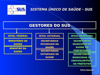 SISTEMA ÚNICO DE SAÚDE - SUS



                GESTORES DO SUS

NÍVEL FEDERAL      NÍVEL ESTADUAL   NÍVEL MUNICIPAL

MINISTÉRIO DA       SECRETARIAS      SECRETARIAS
    SAÚDE           ESTADUAIS DA     MUNICIPAIS DE
                       SAÚDE          SAÚDE OU
 MINISTRO DA
                    SECRETÁRIOS      PREFEITURAS
    SAÚDE
                    ESTADUAIS DA     SECRETÁRIOS
                       SAÚDE         MUNICIPAIS OU
                                    EQUIVALENTES E
                                     OS PREFEITOS

                                          Flávio Salomao
 