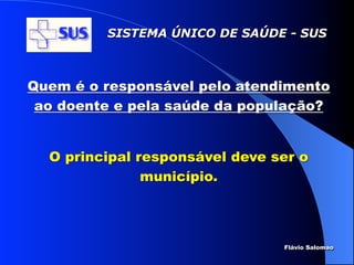 SISTEMA ÚNICO DE SAÚDE - SUS



Quem é o responsável pelo atendimento
 ao doente e pela saúde da população?


  O principal responsável deve ser o
               município.



                                Flávio Salomao
 
